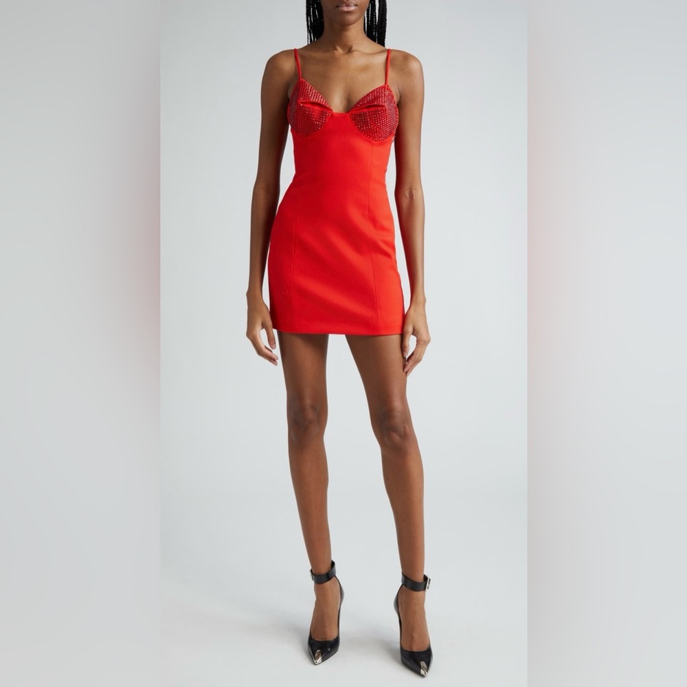 Red Mini Dress  ..Area Crystal Embellished Cup Stretch Wool Minidress